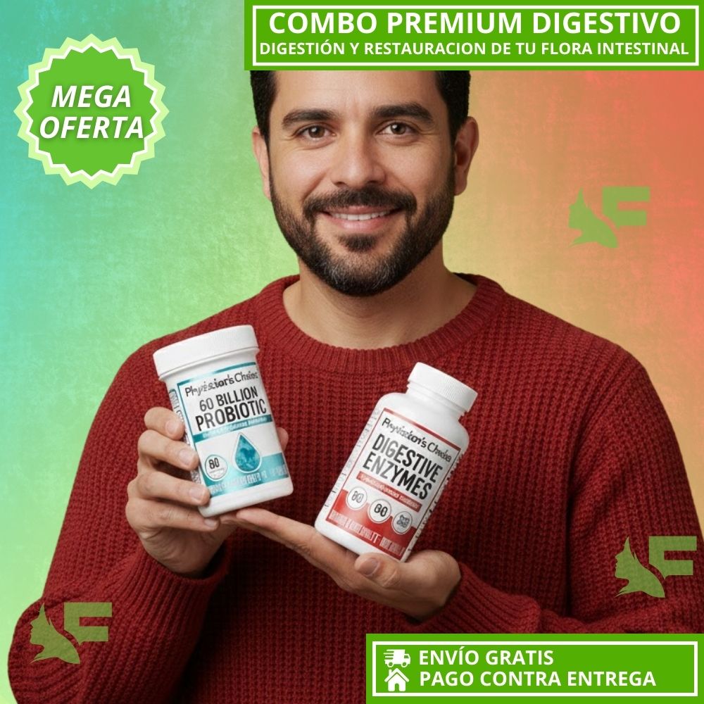 Super Combo: 60 Billion Probiotic + Digestive Enzymes. Flora Intestinal y Digestión Equilibradas.