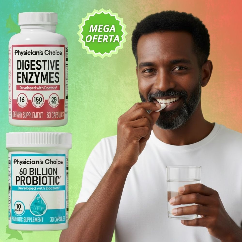 Super Combo: 60 Billion Probiotic + Digestive Enzymes. Flora Intestinal y Digestión Equilibradas.