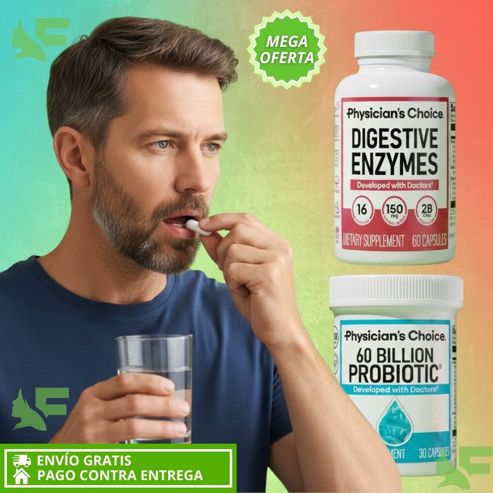 Super Combo: 60 Billion Probiotic + Digestive Enzymes. Flora Intestinal y Digestión Equilibradas.