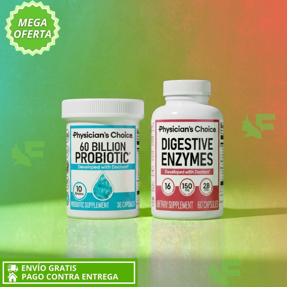Super Combo: 60 Billion Probiotic + Digestive Enzymes. Flora Intestinal y Digestión Equilibradas.