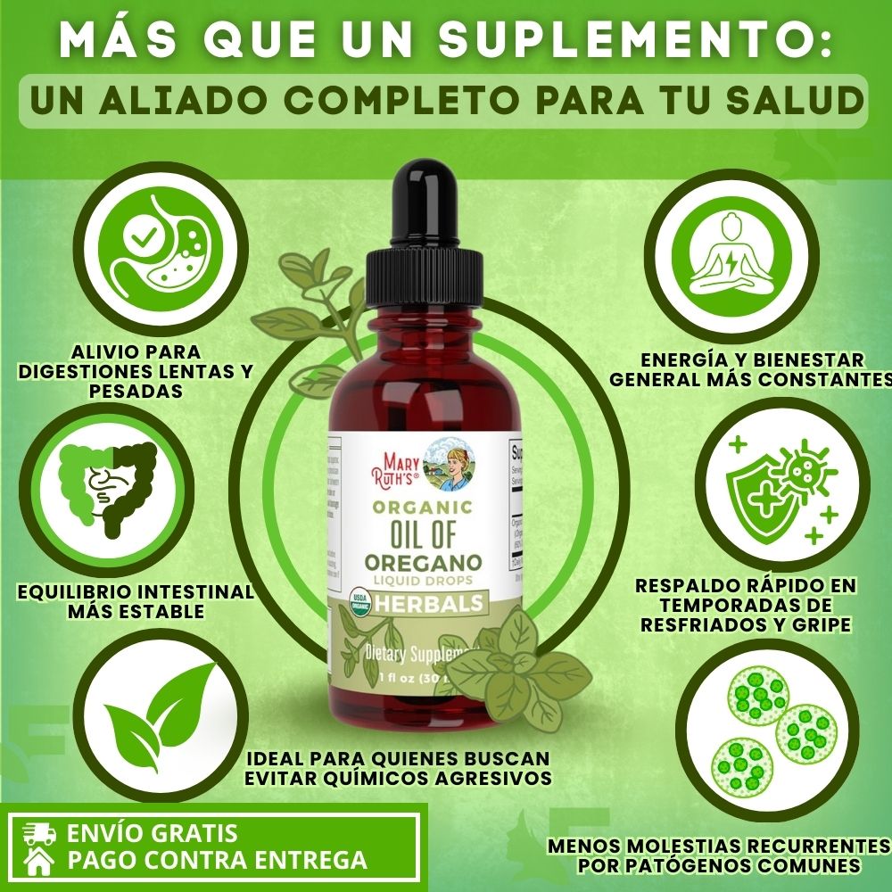 MaryRuth Organic Oil of Oregano. Defensas fuertes, digestión ligera y bienestar natural en cada gota.