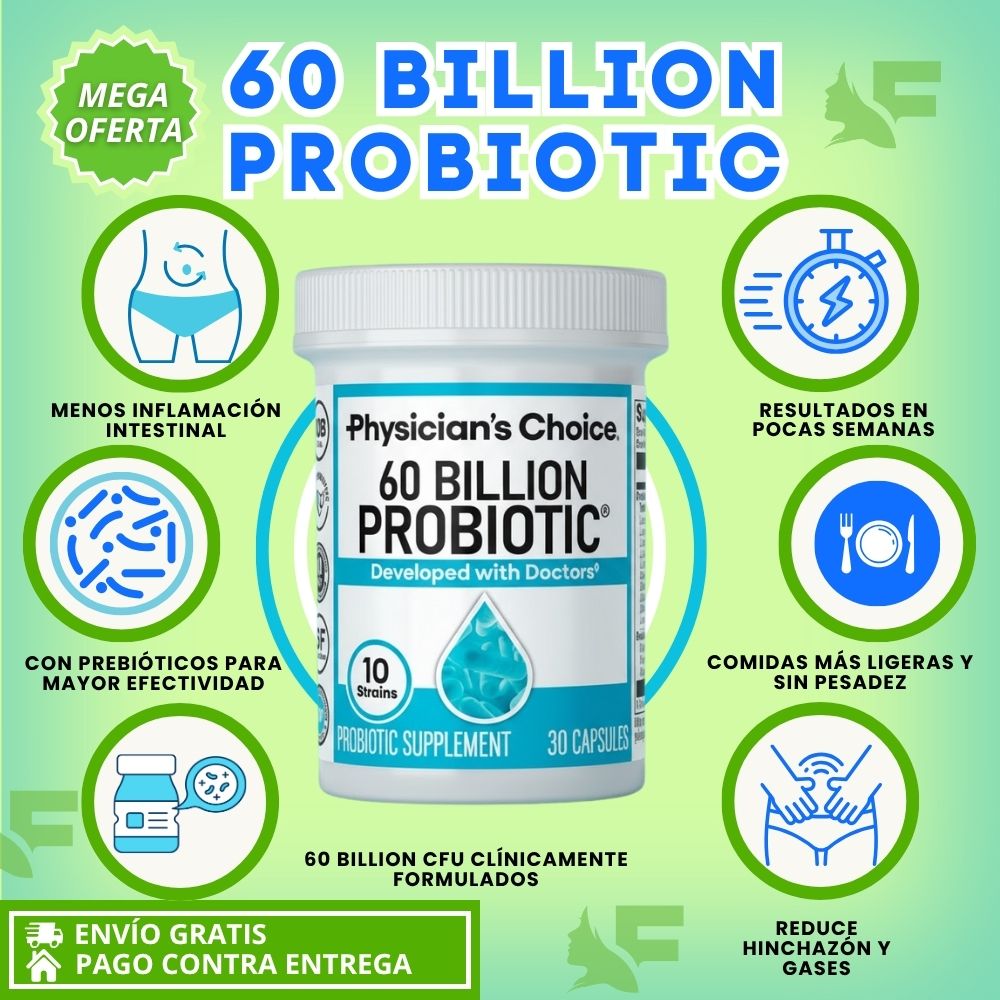 60 Billion Probiotic.  Máximo Equilibrio intestinal, Energía y Bienestar.