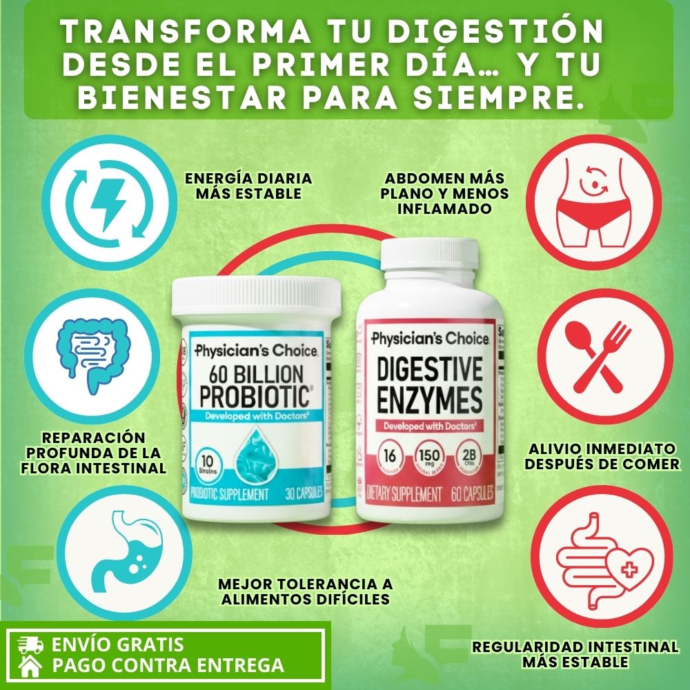 Super Combo: 60 Billion Probiotic + Digestive Enzymes. Flora Intestinal y Digestión Equilibradas.