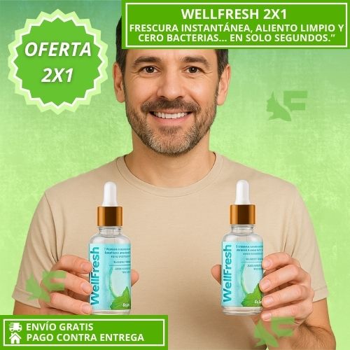 Super Oferta 2x1: Wellfresh Frescura instantánea, aliento limpio y cero bacterias… en solo segundos.